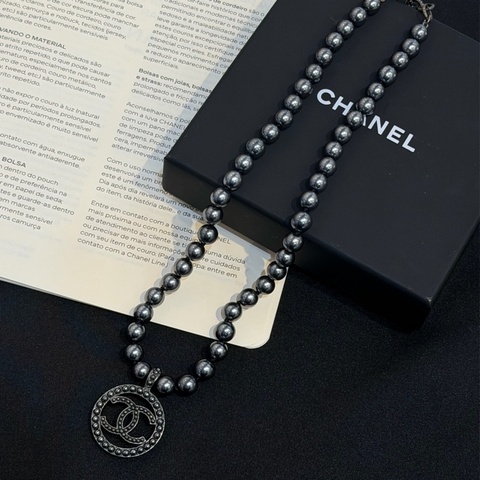 CHANEL黑銀灰珍珠圓形簍空項鏈