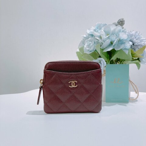 TW4860  Chanel 香奈兒 拉鏈 吐司卡包 酒紅色 荔枝皮Classic Zipper Coin Card Holder Caviar