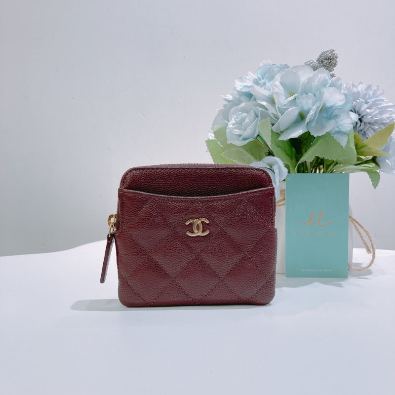TW4860  Chanel 香奈兒 拉鏈 吐司卡包 酒紅色 荔枝皮Classic Zipper Coin Card Holder Caviar-0