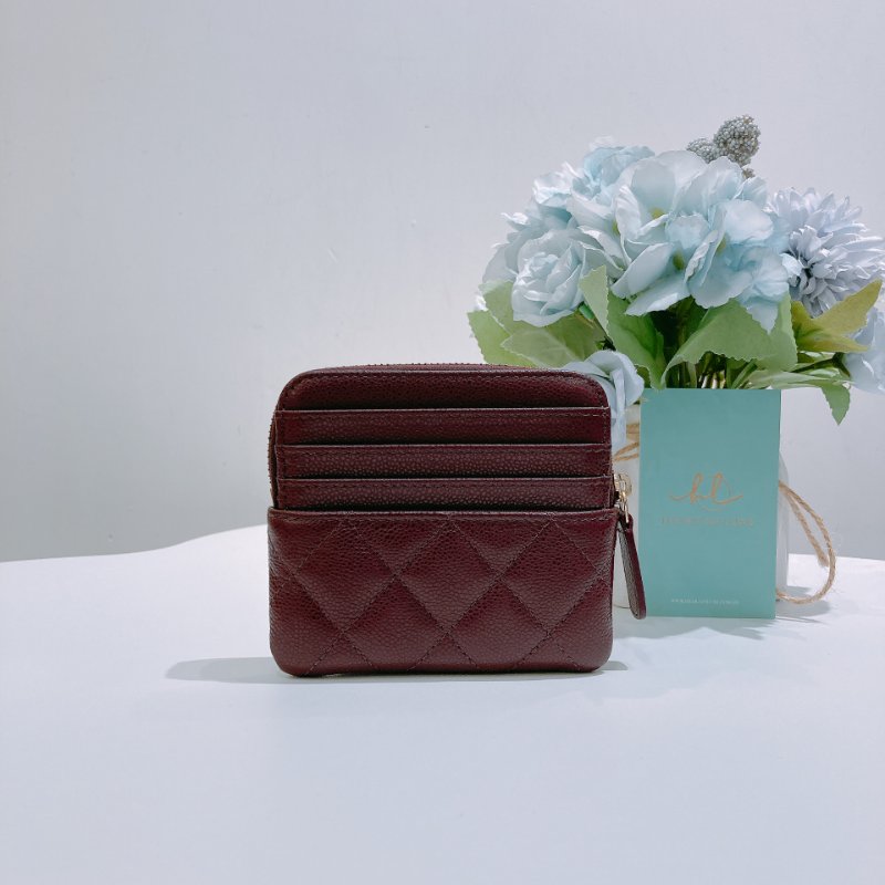 TW4860  Chanel 香奈兒 拉鏈 吐司卡包 酒紅色 荔枝皮Classic Zipper Coin Card Holder Caviar-1