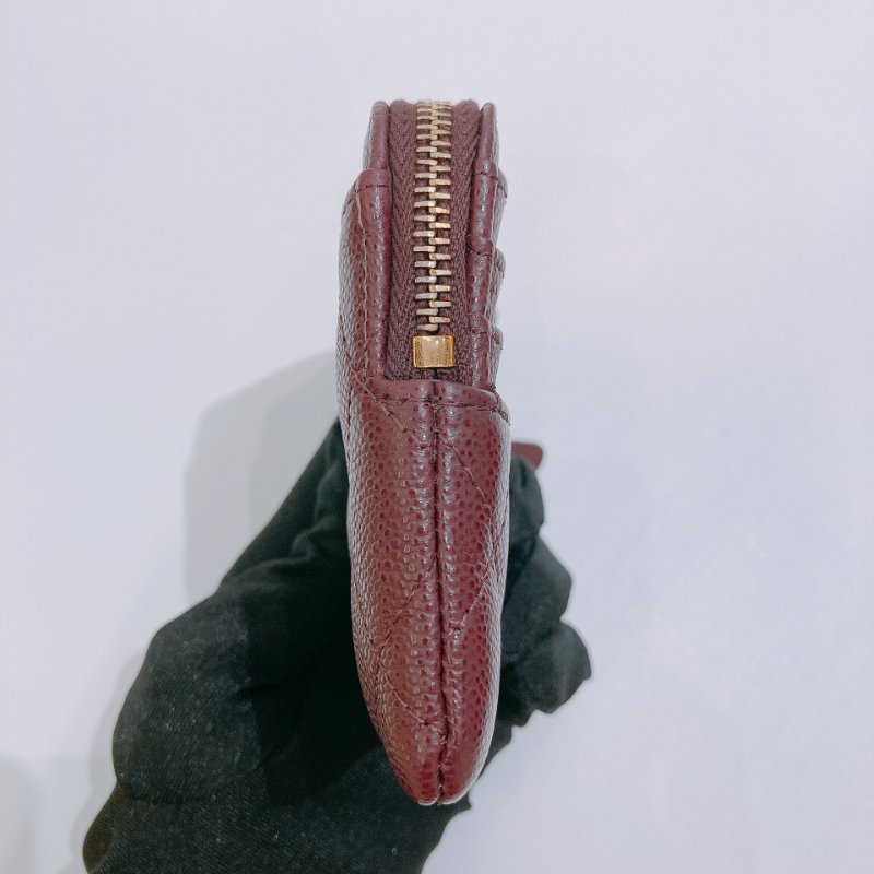 TW4860  Chanel 香奈兒 拉鏈 吐司卡包 酒紅色 荔枝皮Classic Zipper Coin Card Holder Caviar-3