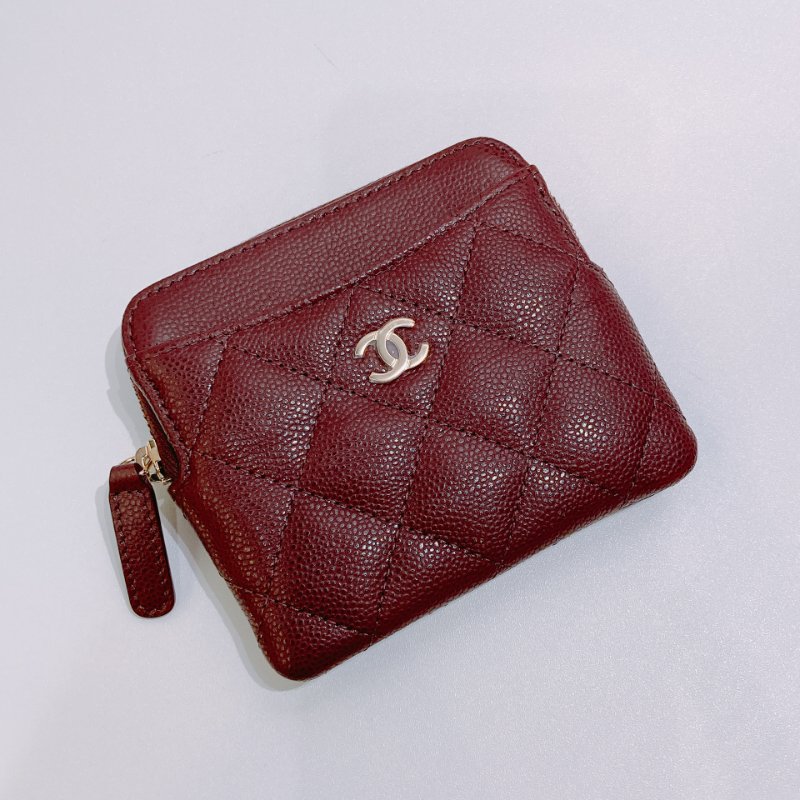 TW4860  Chanel 香奈兒 拉鏈 吐司卡包 酒紅色 荔枝皮Classic Zipper Coin Card Holder Caviar-6