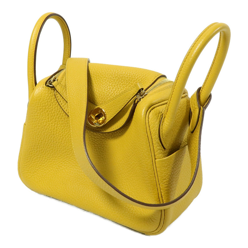 HERMES Clemence皮革Mini Lindy手挽肩背兩用袋Jaune Ambre-1