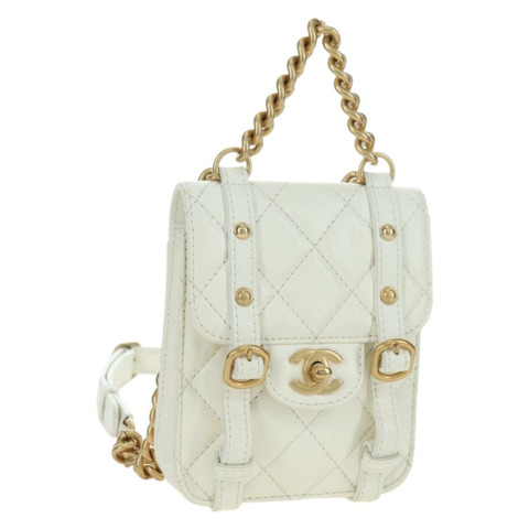 香奈兒 (CHANEL) 絎縫鏈條肩背包，皮革材質，兩用款，白色，金色雙C標誌，正品編號 179581SAM