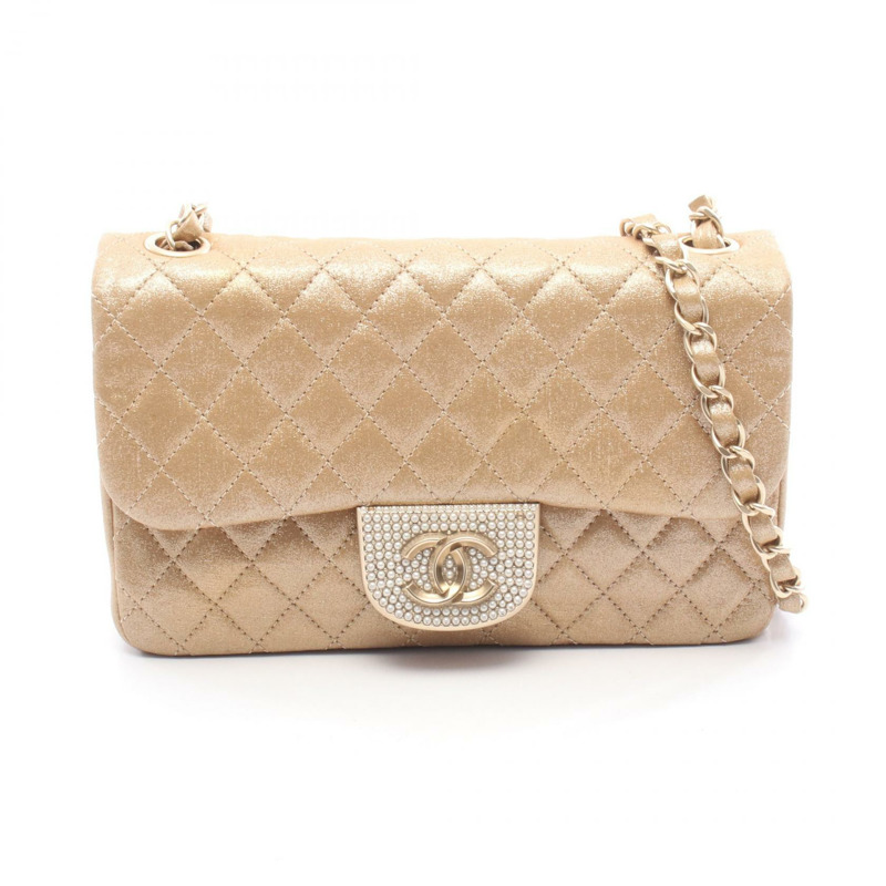 香奈兒 (CHANEL) 絎縫鏈條斜挎包，皮革材質，金色，二手，女士，金色五金配件-0