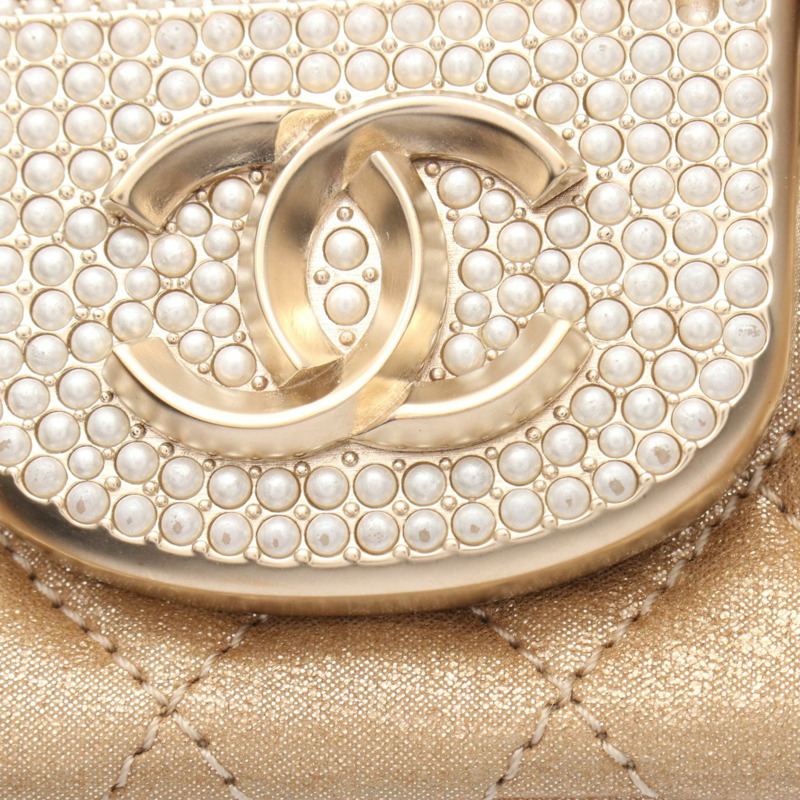 香奈兒 (CHANEL) 絎縫鏈條斜挎包，皮革材質，金色，二手，女士，金色五金配件-6