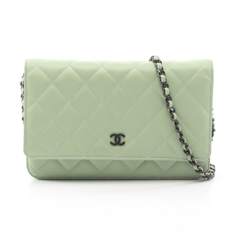香奈兒 (CHANEL) 絎縫鏈條肩背斜背包，羊皮材質，綠色黑色五金，二手-0