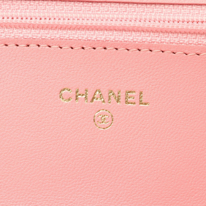 香奈兒 (CHANEL) 絎縫鏈條肩背斜背包皮夾 羊皮 粉紅色 金色扣環 二手-4