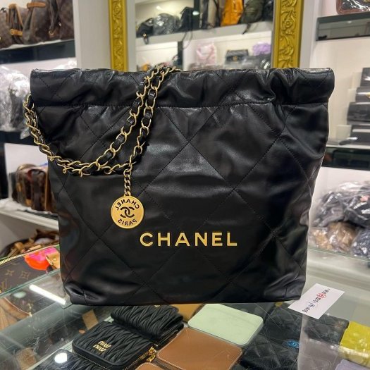 東區正精品㊣CHANEL 22 BAG AS3260 香奈兒黑色全皮金字金幣金鍊肩背包購物袋包小款 RZ6431-0