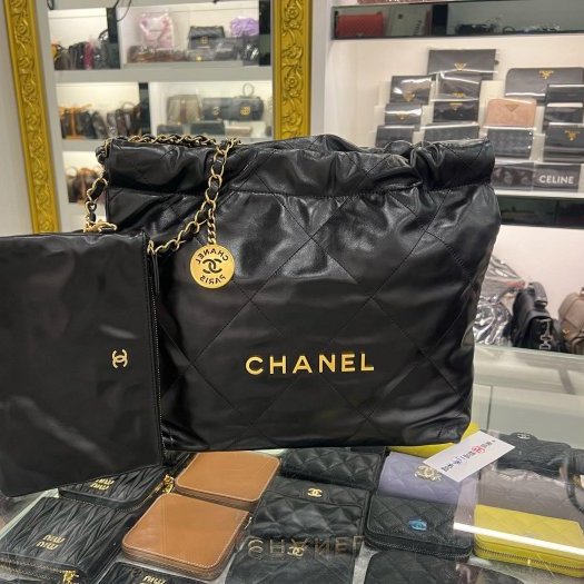 東區正精品㊣CHANEL 22 BAG AS3260 香奈兒黑色全皮金字金幣金鍊肩背包購物袋包小款 RZ6431-1