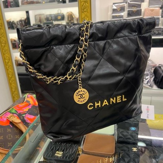 東區正精品㊣CHANEL 22 BAG AS3260 香奈兒黑色全皮金字金幣金鍊肩背包購物袋包小款 RZ6431-2