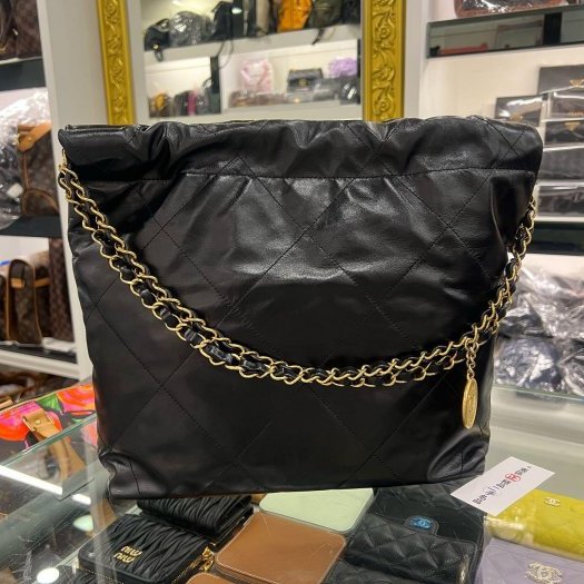 東區正精品㊣CHANEL 22 BAG AS3260 香奈兒黑色全皮金字金幣金鍊肩背包購物袋包小款 RZ6431-3