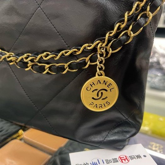 東區正精品㊣CHANEL 22 BAG AS3260 香奈兒黑色全皮金字金幣金鍊肩背包購物袋包小款 RZ6431-4
