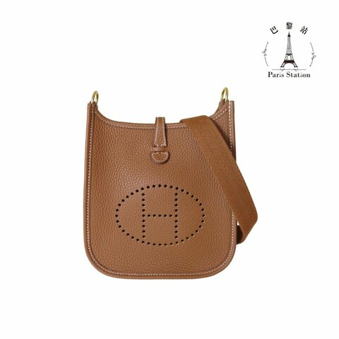 【巴黎站二手名牌專賣店】＊現貨＊HERMES 愛馬仕 真品＊ K刻Mini Evelyne 16 金棕色牛皮金扣 肩背斜背包