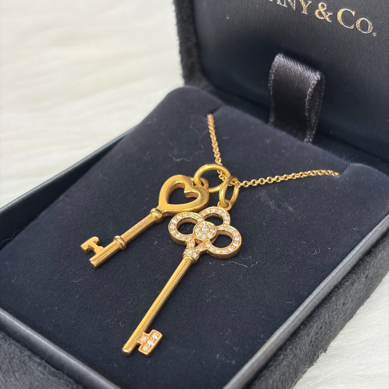 TIFFANY 蒂芬妮 750 黃K金 愛心 皇冠 KEY KEYS 鑰匙 心鎖 鑽石 項鍊 鍊-0