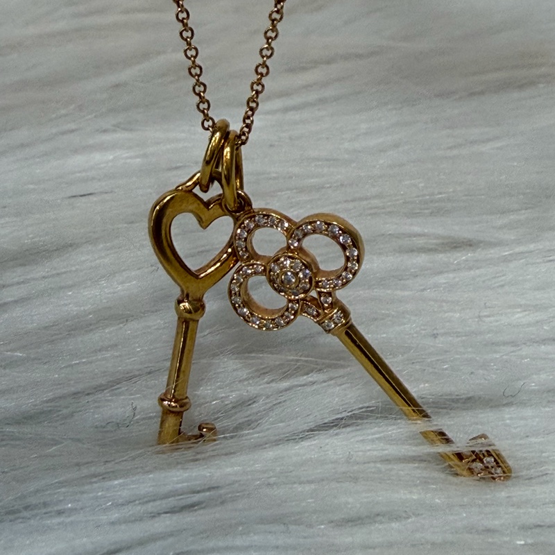 TIFFANY 蒂芬妮 750 黃K金 愛心 皇冠 KEY KEYS 鑰匙 心鎖 鑽石 項鍊 鍊-2