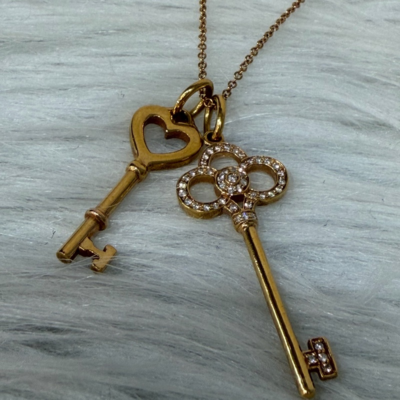 TIFFANY 蒂芬妮 750 黃K金 愛心 皇冠 KEY KEYS 鑰匙 心鎖 鑽石 項鍊 鍊-3