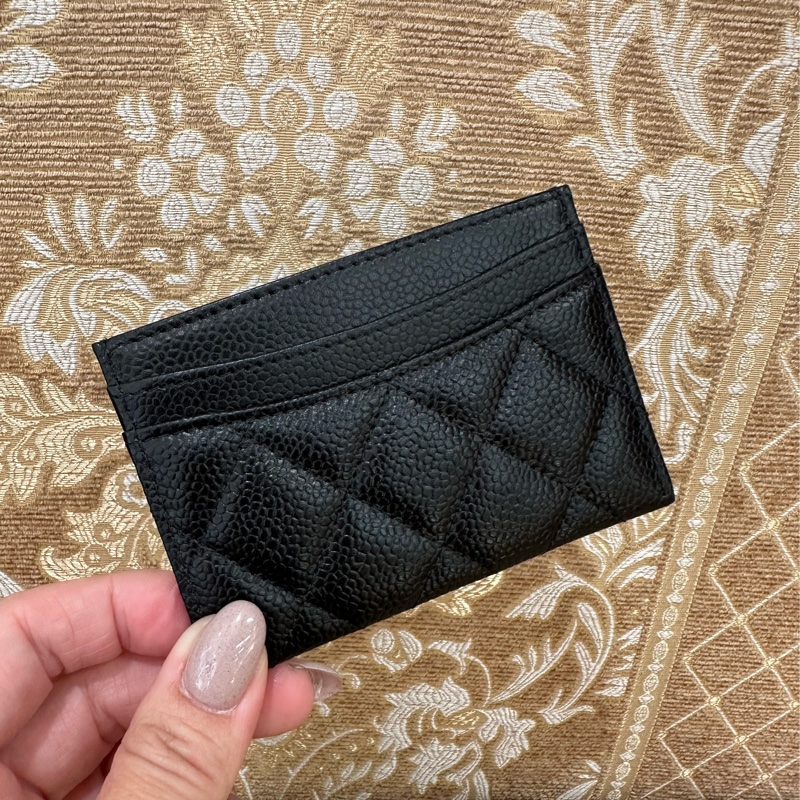 Chanel 黑荔枝牛皮菱格銀釦4卡卡包AP0213-1