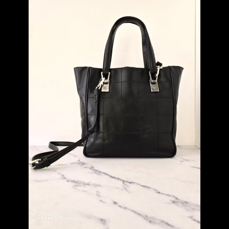 【LA LUNE】絕版中古包 Chanel黑色銀冰格魚子醬托特包 斜背包 單肩包 側背包小包-1