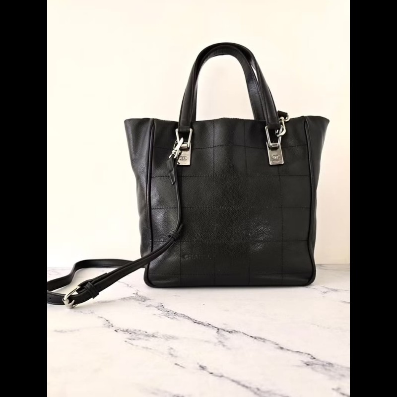 【LA LUNE】絕版中古包 Chanel黑色銀冰格魚子醬托特包 斜背包 單肩包 側背包小包-2