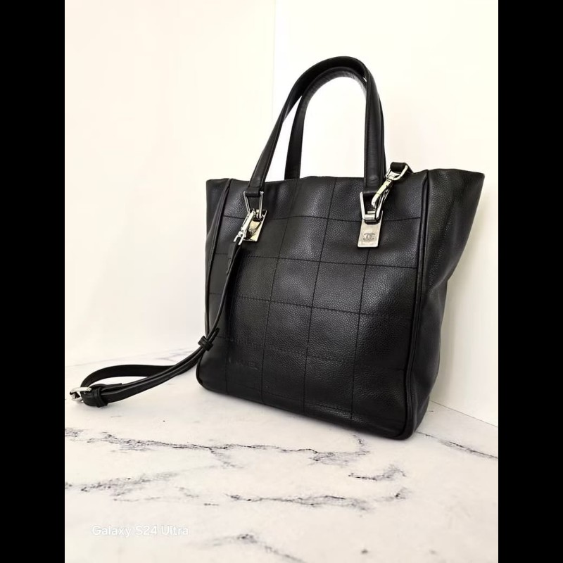 【LA LUNE】絕版中古包 Chanel黑色銀冰格魚子醬托特包 斜背包 單肩包 側背包小包-3