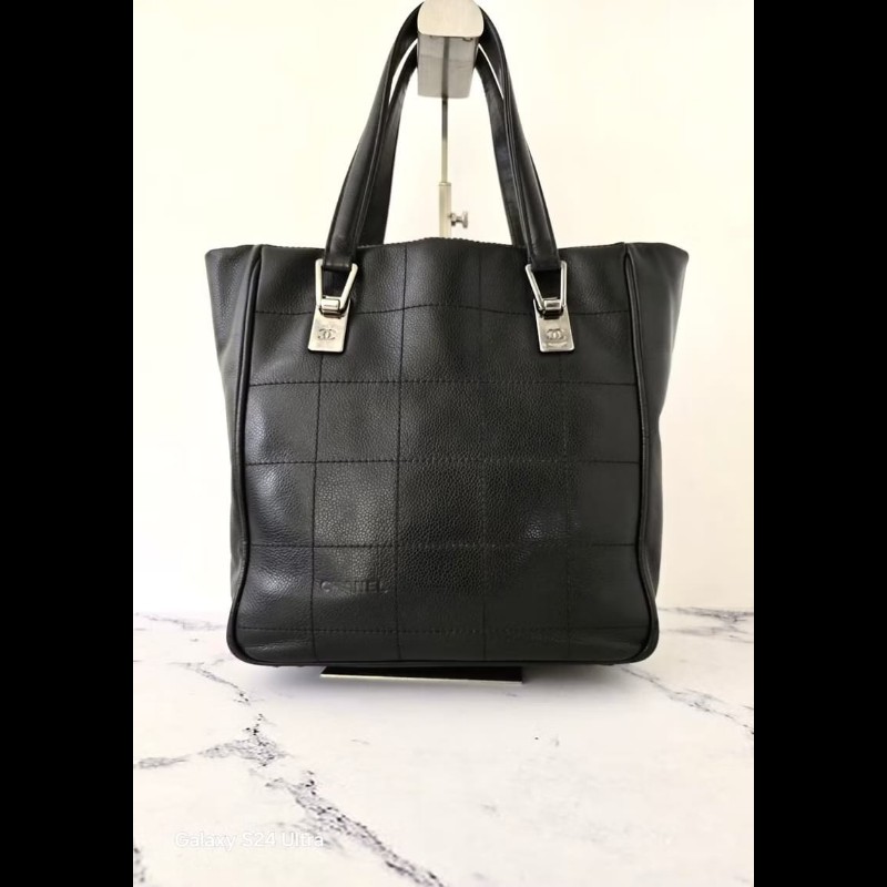 【LA LUNE】絕版中古包 Chanel黑色銀冰格魚子醬托特包 斜背包 單肩包 側背包小包-4