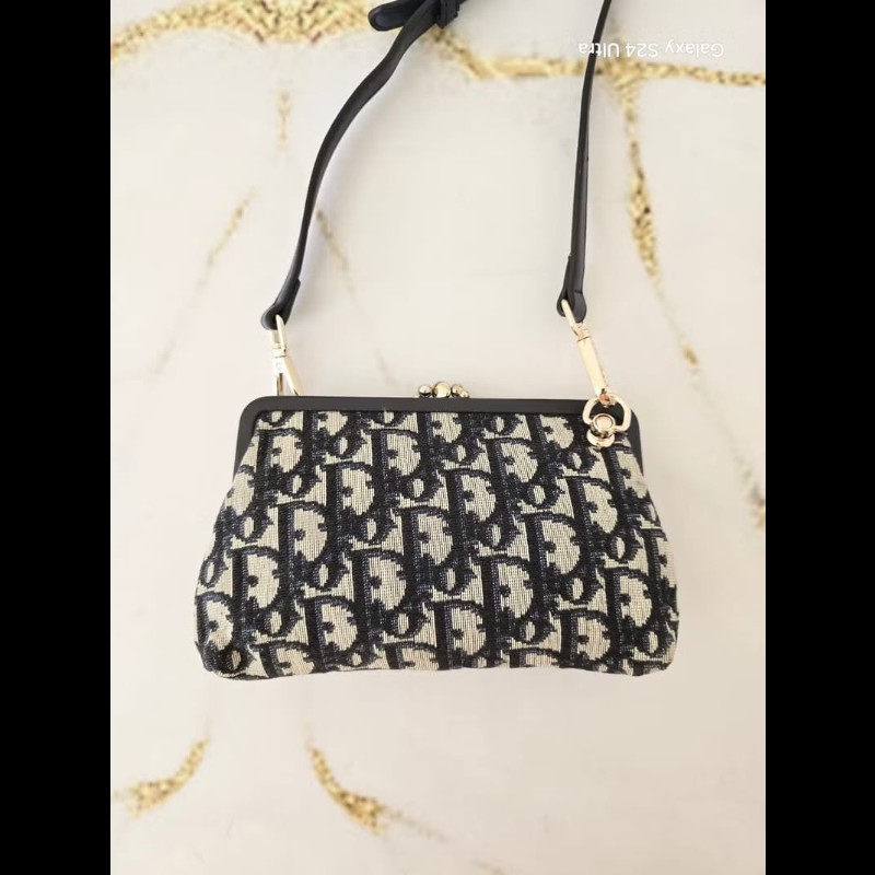 【LA LUNE】稀有中古包 Dior深藍老花口金包 單肩包 側背包 斜揹包 肩背包-6