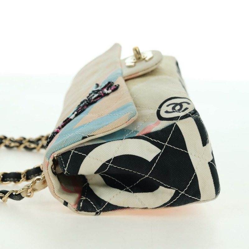 【日本直送】香奈兒 (CHANEL) Matelasse 鏈條肩背包 帆布 米色 金色 CC 標誌 Auth 177326SV-2