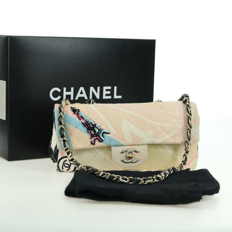 【日本直送】香奈兒 (CHANEL) Matelasse 鏈條肩背包 帆布 米色 金色 CC 標誌 Auth 177326SV-11
