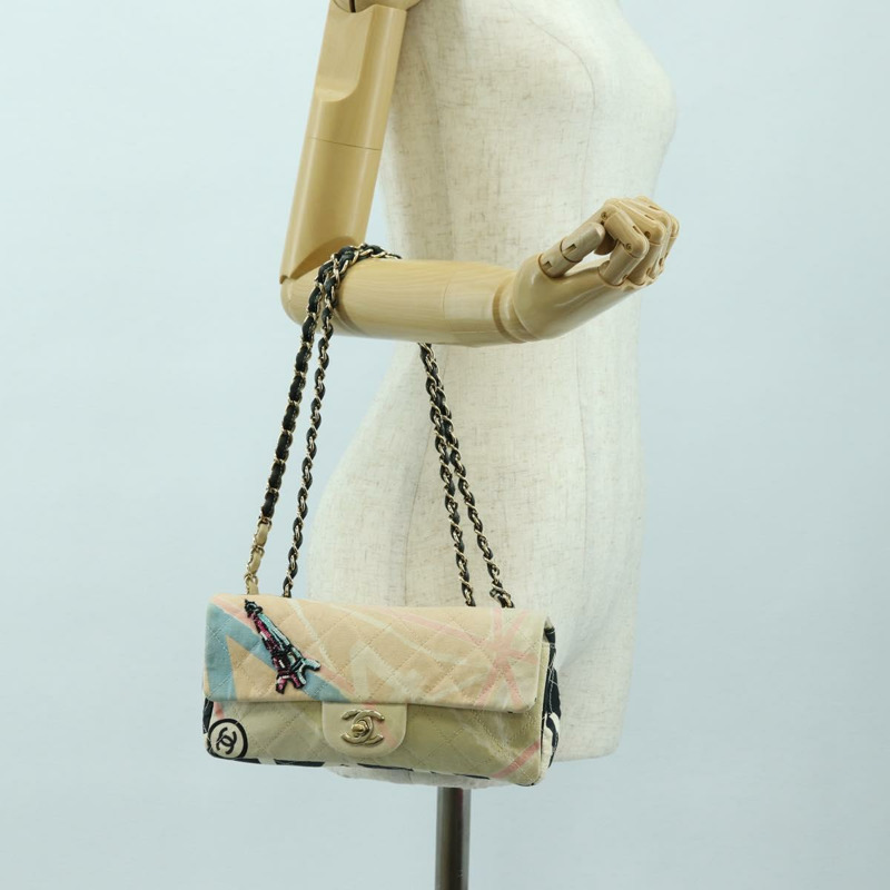【日本直送】香奈兒 (CHANEL) Matelasse 鏈條肩背包 帆布 米色 金色 CC 標誌 Auth 177326SV-27