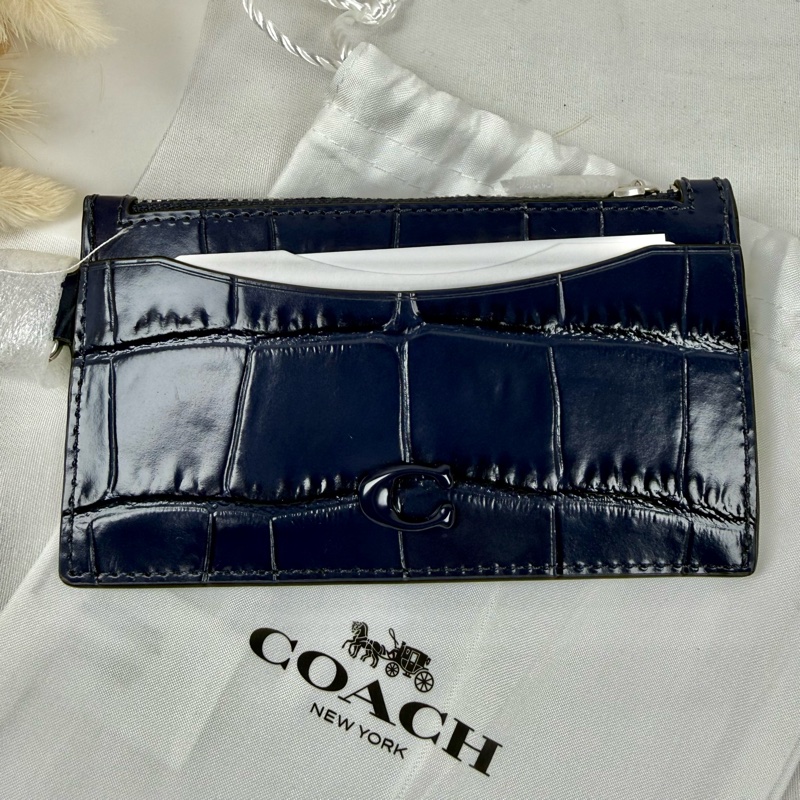 全新品 狀態良好 COACH 深藍色 牛皮卡夾零錢包  男女適用-0