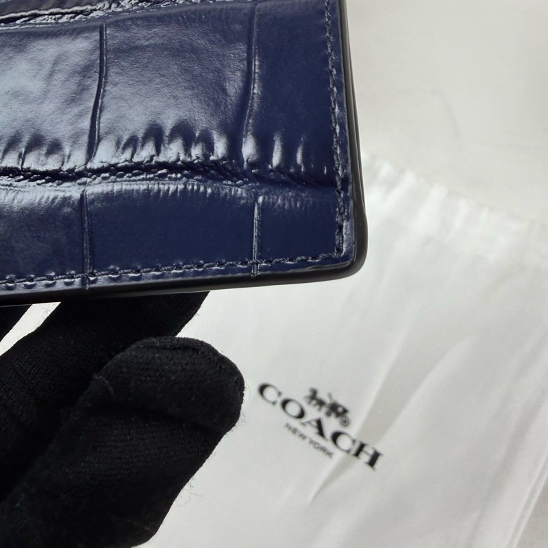 全新品 狀態良好 COACH 深藍色 牛皮卡夾零錢包  男女適用-3