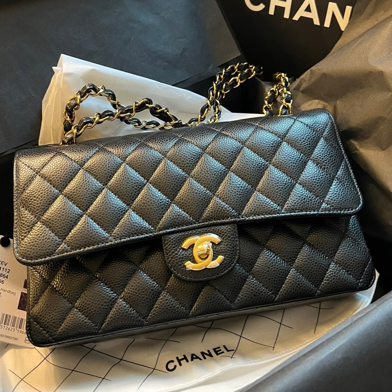 Chanel香奈兒CF25黑金荔枝皮口蓋包中號 閒置帶膜🈶購證-10