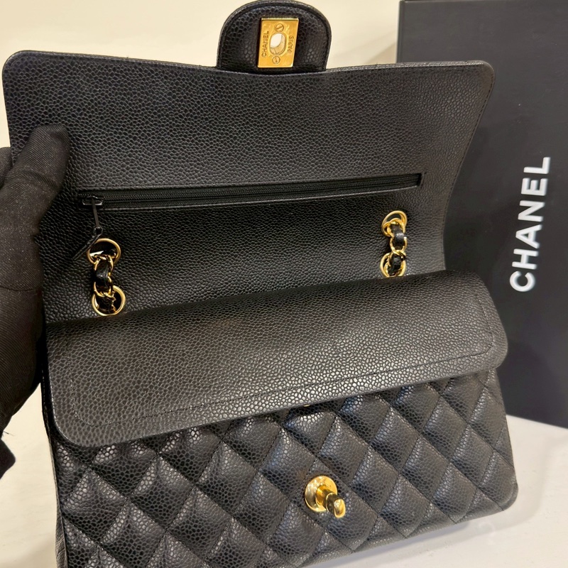 Chanel香奈兒CF25黑金荔枝皮口蓋包中號 閒置帶膜🈶購證-19