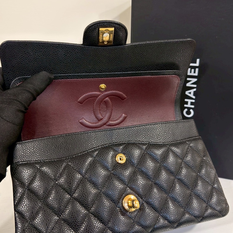 Chanel香奈兒CF25黑金荔枝皮口蓋包中號 閒置帶膜🈶購證-20