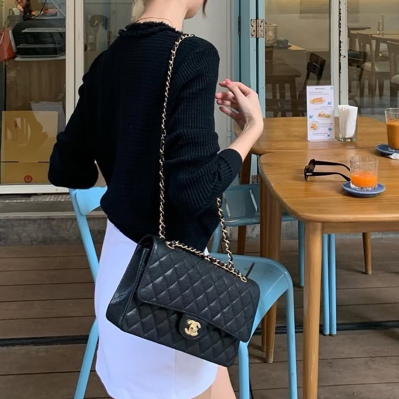 Chanel香奈兒CF25黑金荔枝皮口蓋包中號 閒置帶膜🈶購證-24