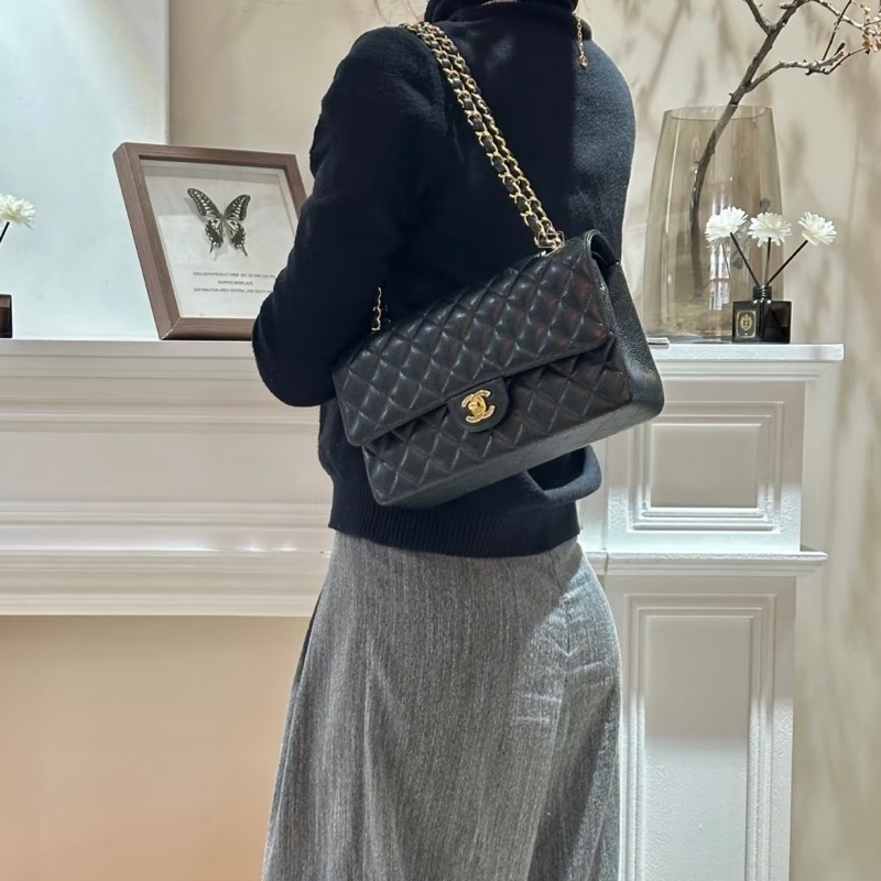 Chanel香奈兒CF25黑金荔枝皮口蓋包中號 閒置帶膜🈶購證-25