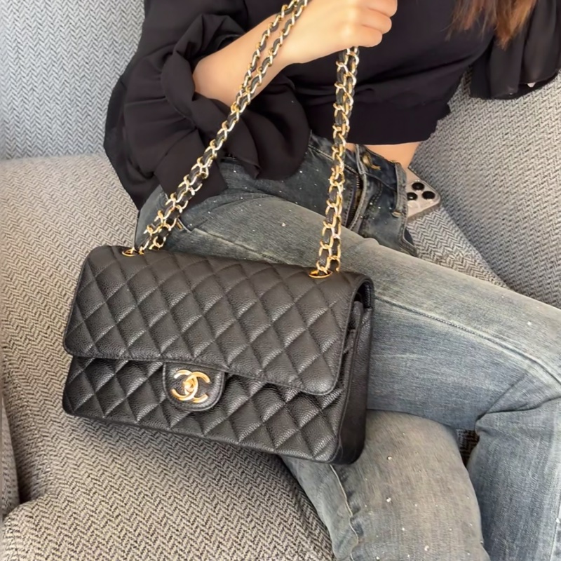 Chanel香奈兒CF25黑金荔枝皮口蓋包中號 閒置帶膜🈶購證-29