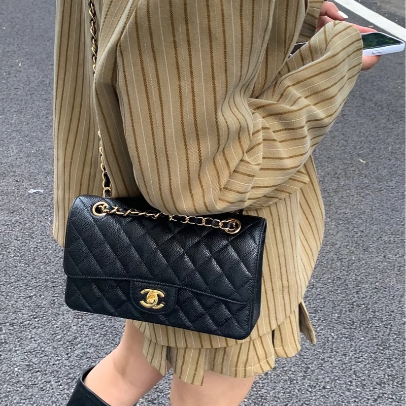 Chanel香奈兒CF25黑金荔枝皮口蓋包中號 閒置帶膜🈶購證-33
