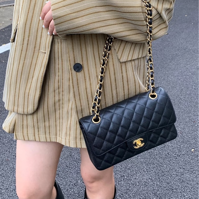 Chanel香奈兒CF25黑金荔枝皮口蓋包中號 閒置帶膜🈶購證-34