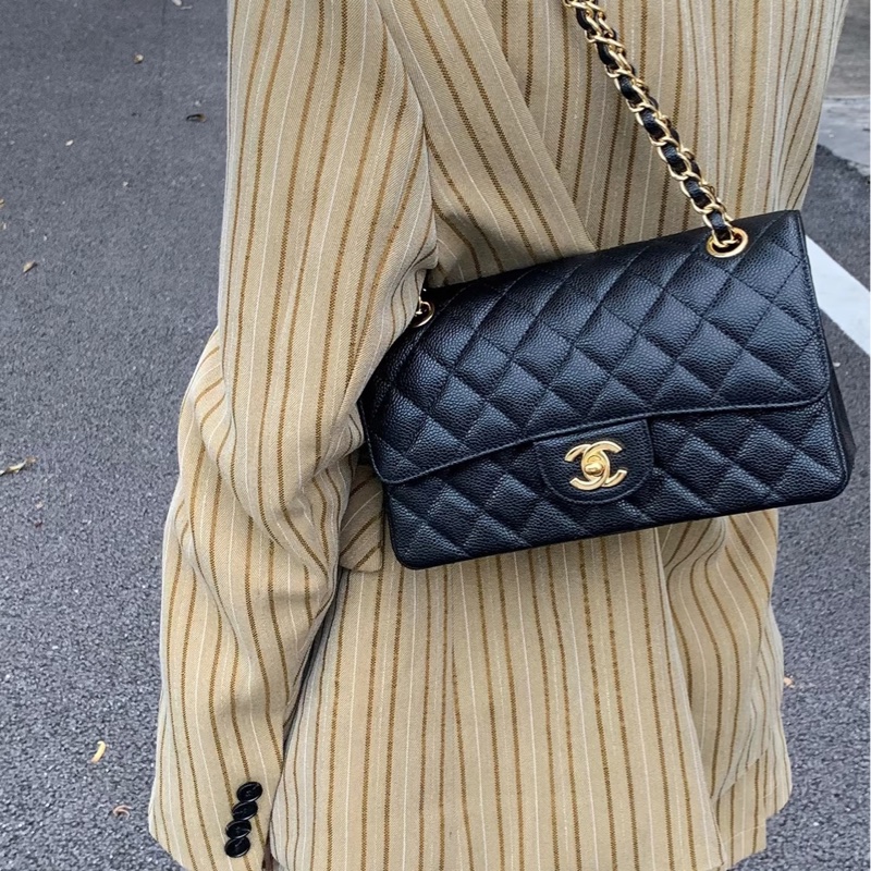 Chanel香奈兒CF25黑金荔枝皮口蓋包中號 閒置帶膜🈶購證-36