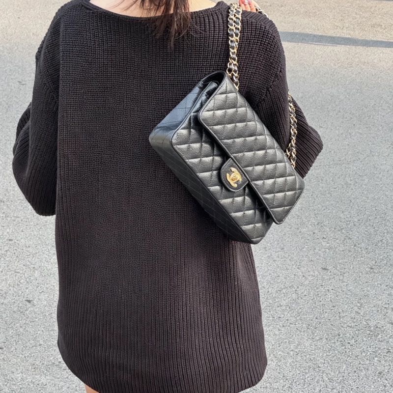 Chanel香奈兒CF25黑金荔枝皮口蓋包中號 閒置帶膜🈶購證-40