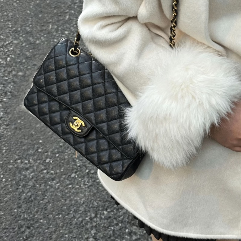 Chanel香奈兒CF25黑金荔枝皮口蓋包中號 閒置帶膜🈶購證-43
