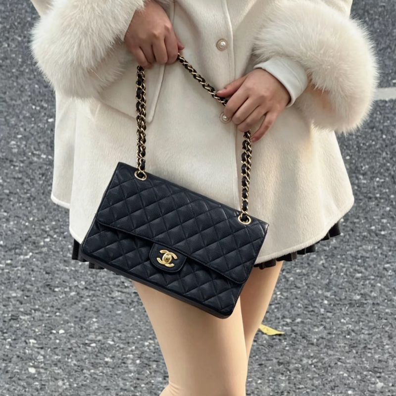 Chanel香奈兒CF25黑金荔枝皮口蓋包中號 閒置帶膜🈶購證-45