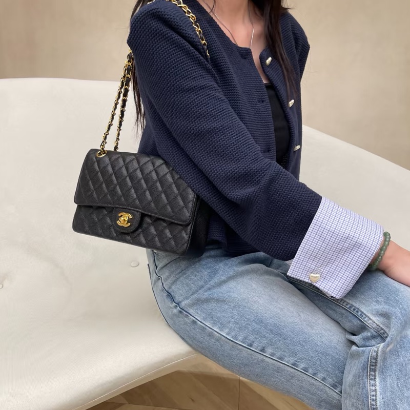 Chanel香奈兒CF25黑金荔枝皮口蓋包中號 閒置帶膜🈶購證-47