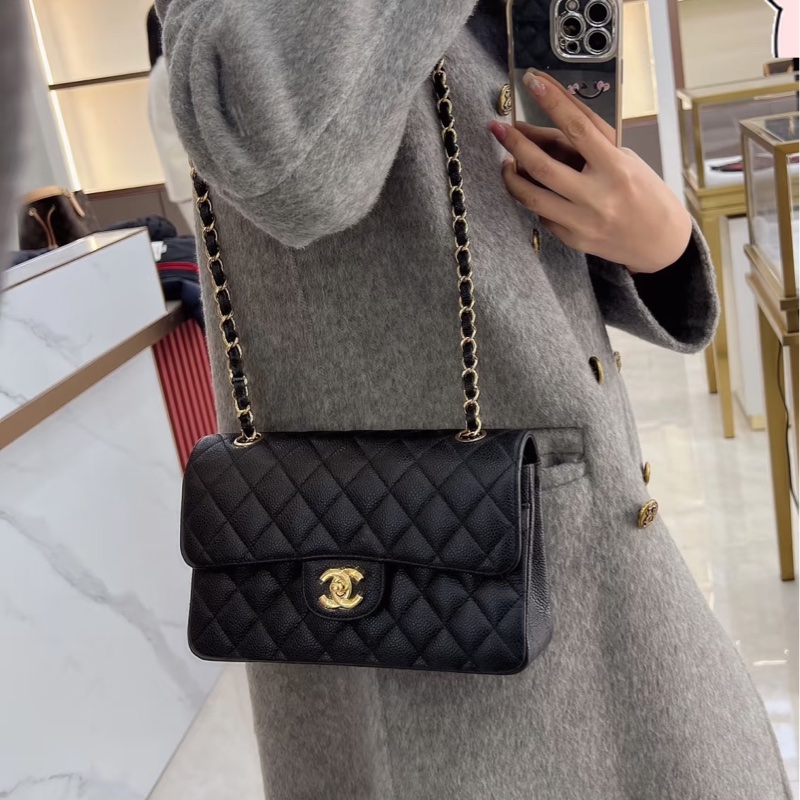 Chanel香奈兒CF25黑金荔枝皮口蓋包中號 閒置帶膜🈶購證-48