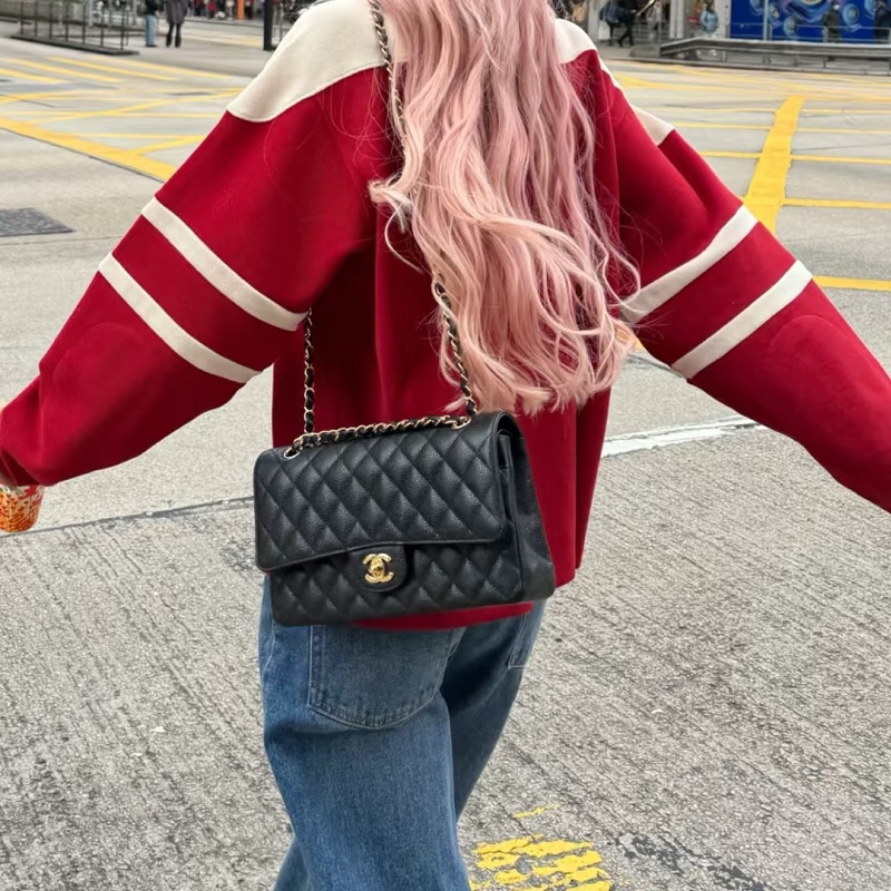Chanel香奈兒CF25黑金荔枝皮口蓋包中號 閒置帶膜🈶購證-1