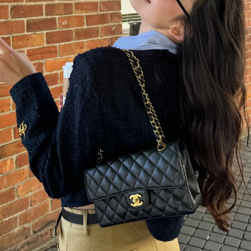 Chanel香奈兒CF25黑金荔枝皮口蓋包中號 閒置帶膜🈶購證-2