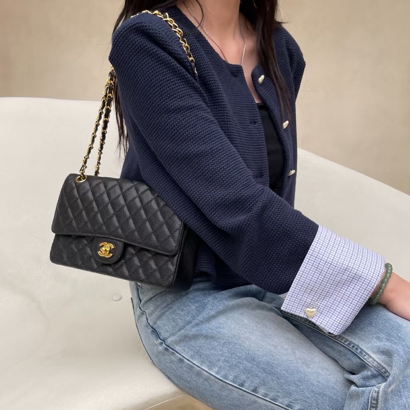 Chanel香奈兒CF25黑金荔枝皮口蓋包中號 閒置帶膜🈶購證-7