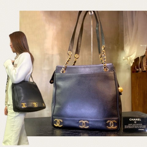 90S Chanel Vintage Caviar With 24k Gold-Plate CC Tote Bag 香奈兒中古魚子醬黑色CC單肩包
